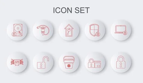 Set line Lock, Computer api interface, Retro wall watch, Credit card with l.. Illustrazione stock