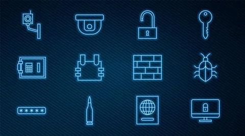 Set line Lock on computer monitor, System bug concept, Open padlock, Bulletproof Illustrazione stock