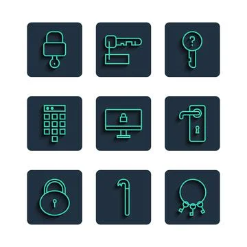 Set line Lock, Crowbar, Bunch of keys, Undefined, on computer monitor, Password 스톡 일러스트