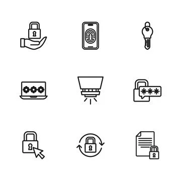Set line Lock, Cyber security, Document and lock, Fire sprinkler system, Ke.. Stock Illustration
