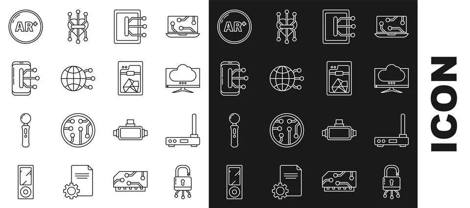 Set line Lock on digital circuit board, Computer monitor screen, Tablet, Global Stock Illustration