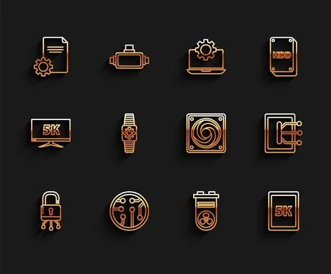 Set line Lock on digital circuit board, Processor, File document, Video graphic Illustrazione stock