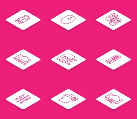 Set line Lock on digital circuit board, Computer mouse, Gamepad, Cloud Stock Illustration