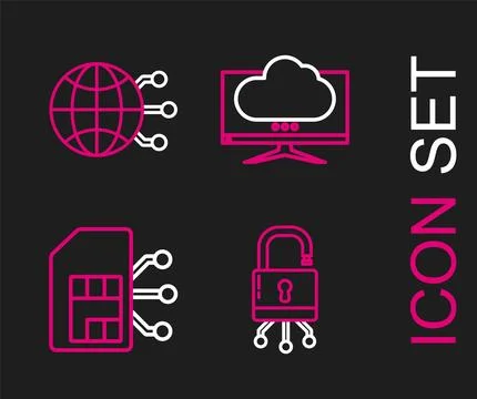 Set line Lock on digital circuit board, Sim card, Computer monitor screen and Stock Illustration