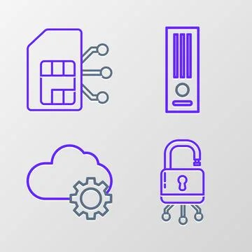 Set line Lock on digital circuit board, Cloud technology data transfer and .. Illustrazione stock