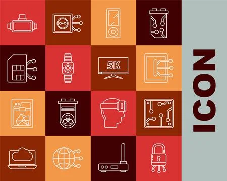Set line Lock on digital circuit board, Processor, Tablet, Music player, Sm.. Stock Illustration