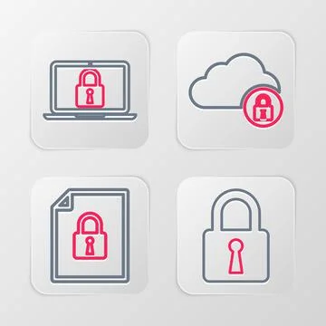 Set line Lock, Document and lock, Cloud computing and Laptop icon. Vector Stock Illustration
