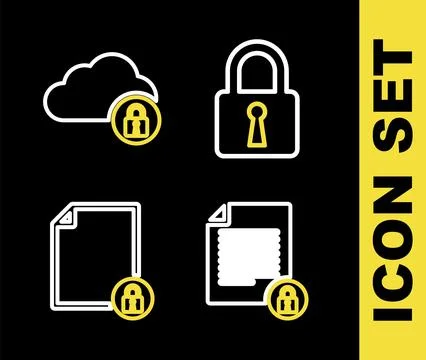 Set line Lock, Document and lock, and Cloud computing icon. Vector Stock Illustration