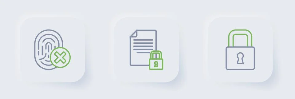 Set line Lock, Document and lock and Cancelled fingerprint icon. Vector Illustrazione stock