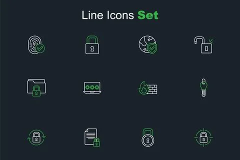 Set line Lock, Document and lock, Key, Firewall, security wall, Laptop with.. Illustrazione stock