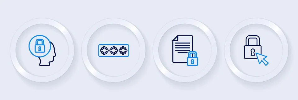 Set line Lock, Document and lock, Password protection and  icon. Vector Stock Illustration