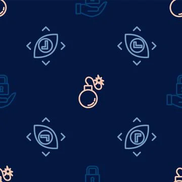 Set line Lock, Eye scan and Bomb on seamless pattern. Vector Illustrazione stock