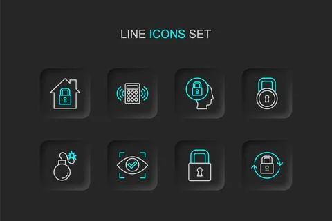 Set line Lock, Eye scan, Bomb, Security keypad access panel and House under.. Ilustración de archivo