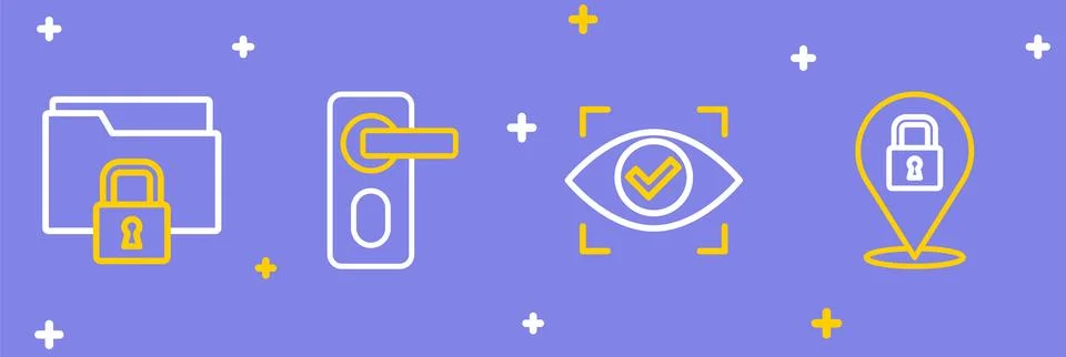 Set line Lock, Eye scan, Fingerprint door lock and Folder and icon. Vector Stock Illustration