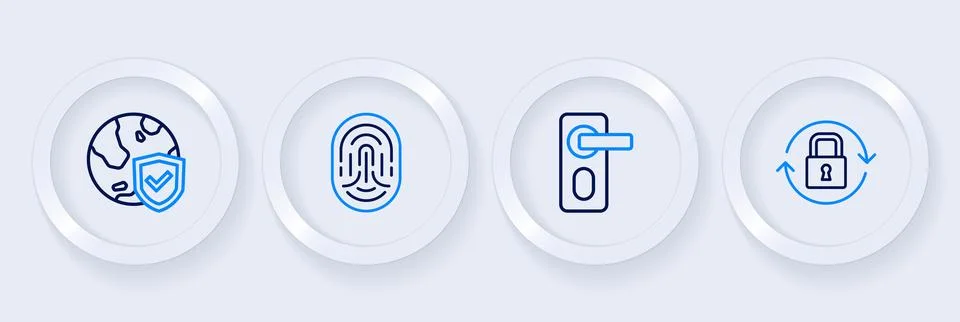 Set line Lock, Fingerprint door lock,  and Shield with world globe icon. Vect Stock Illustration