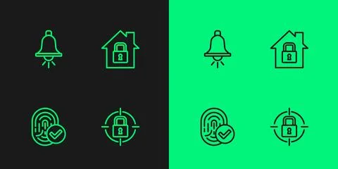Set line Lock, Fingerprint, Ringing alarm bell and House under protection icon Stock Illustration