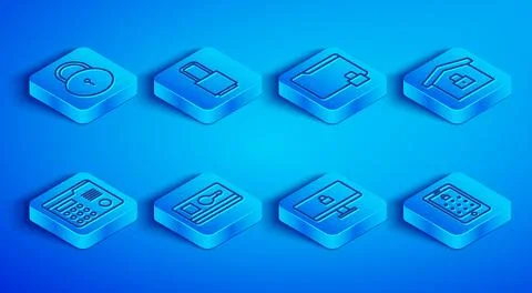 Set line Lock, Folder and lock, Key card, on computer monitor, House under .. Stock Illustration