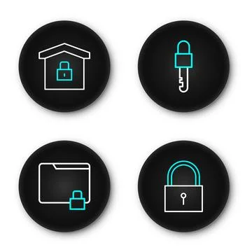 Set line Lock, Folder and lock, Locked key and House under protection icon... Illustrazione stock