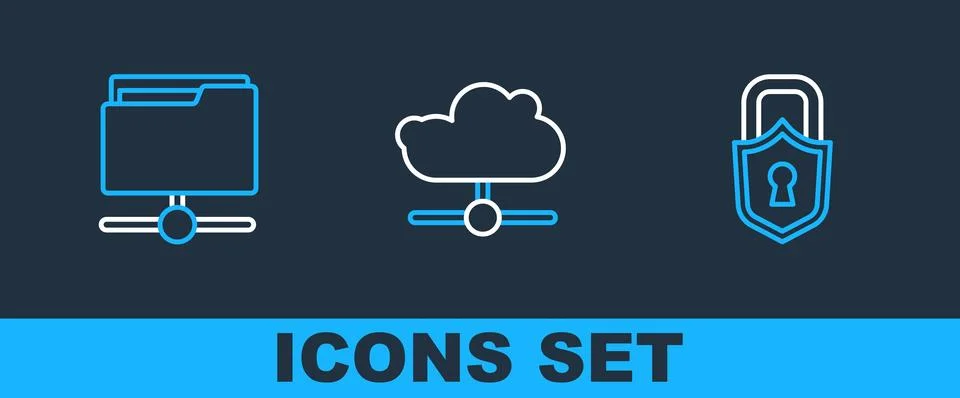 Set line Lock, FTP folder and Network cloud connection icon. Vector Stockillustratie