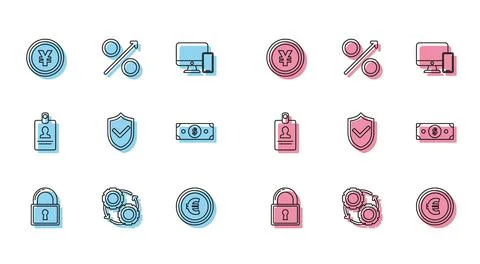 Set line Lock, Gear and arrows as workflow process concept, Coin money with.. Stock Illustration