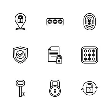 Set line Lock, Graphic password protection, Document and lock, Fingerprint,.. Stock Illustration