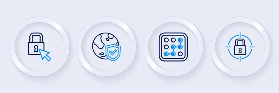 Set line Lock, Graphic password protection, Shield with world globe and  ic.. Stock Illustration