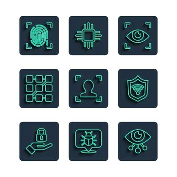 Set line Lock in hand, System bug, Eye scan, Face recognition, Graphic password Illustrazione stock