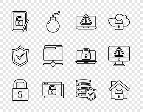 Set line Lock, House under protection, Laptop with exclamation mark, Secure your 库存插图