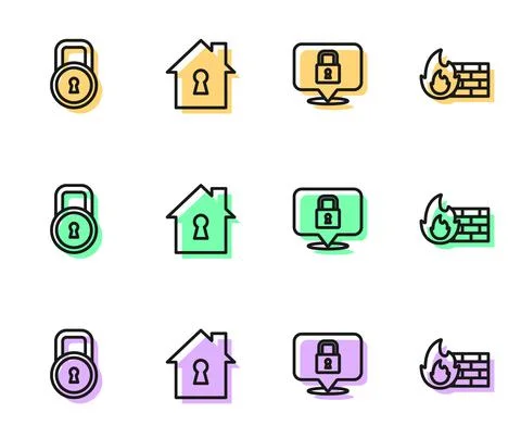 Set line Lock, House under protection and Firewall, security wall icon. Vector Stock Illustration
