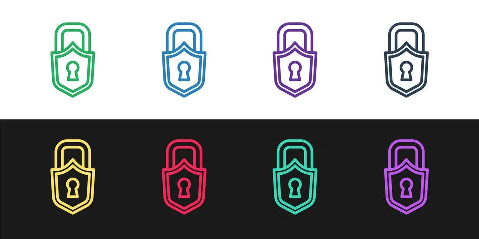 Set line Lock icon isolated on black and white background. Padlock sign. Se.. Illustrazione stock
