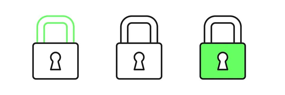 Set line Lock icon isolated on white background. Padlock sign. Security, sa.. Illustrazione stock