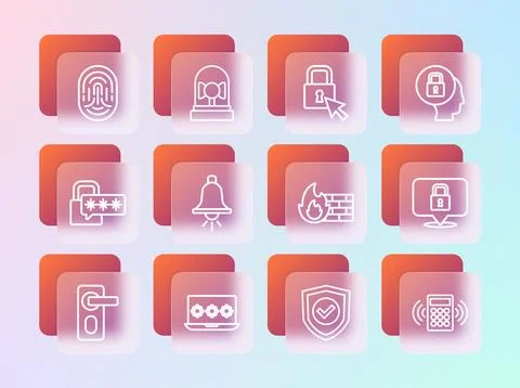 Set line Lock, Laptop with password, Firewall, security wall, Shield check .. Stock Illustration