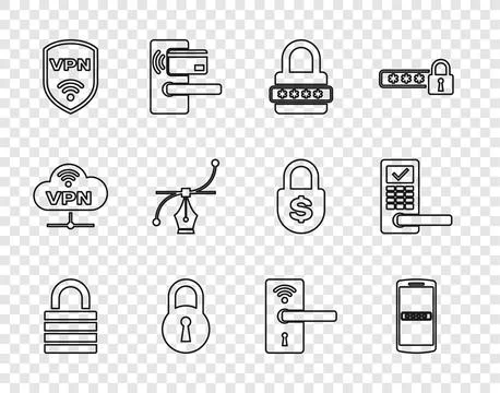 Set line Lock, Mobile and password, Password protection, Shield with VPN Illustrazione stock