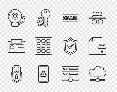 Set line Lock, Network cloud connection, Spam, Mobile with exclamation mark Stock Illustration