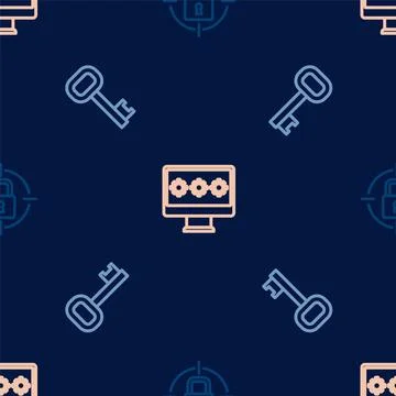 Set line Lock, Old key and Monitor with password on seamless pattern. Vector Stock Illustration
