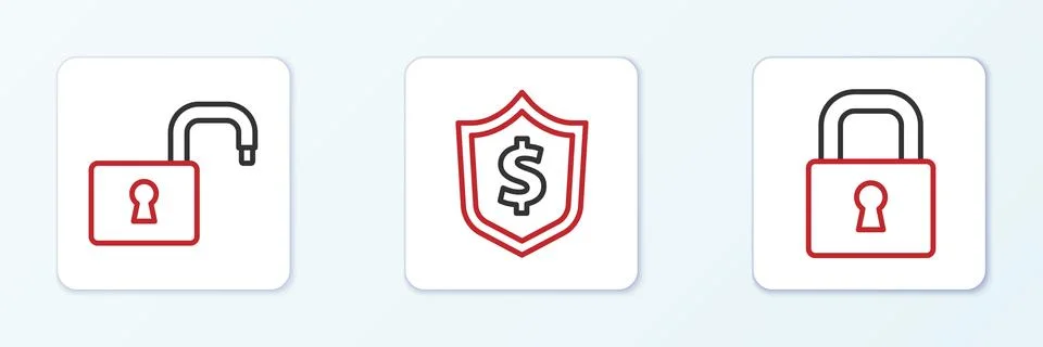 Set line Lock, Open padlock and Shield with dollar icon. Vector Stock Illustration