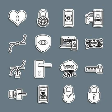 Set line Lock, Password protection, VPN with microchip circuit, Mobile and .. Stock Illustration