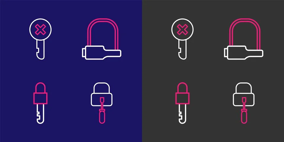 Set line Lock picks for lock picking, Locked key, Bicycle and Wrong icon. V.. Stock Illustration