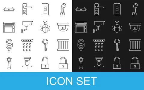 Set line Lock, Prison window, Motion sensor, Mobile with closed padlock Stock Illustration