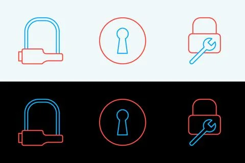Set line Lock repair, Bicycle lock and Keyhole icon. Vector Stock Illustration
