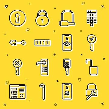 Set line Lock repair, Open padlock, Key, Bicycle, Password protection, Old key 스톡 일러스트