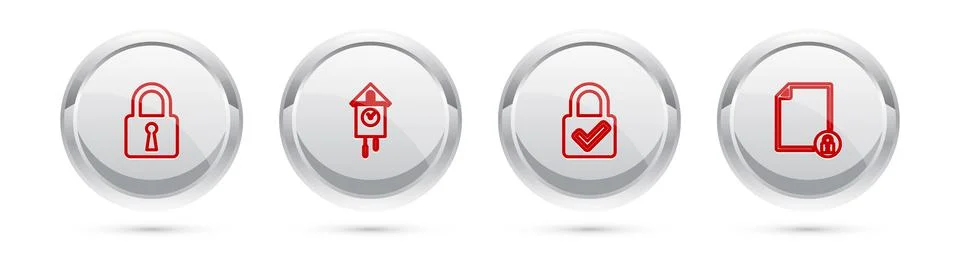 Set line Lock, Retro wall watch, and check mark and Document lock. Silver cir Illustrazione stock