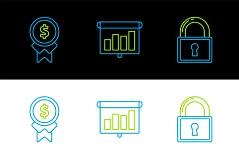 Set line Lock, Reward for good work and Presentation financial board with g.. Illustrazione stock