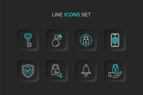 Set line Lock, Ringing alarm bell, Shield with check mark, Mobile fingerpri.. Stock Illustration