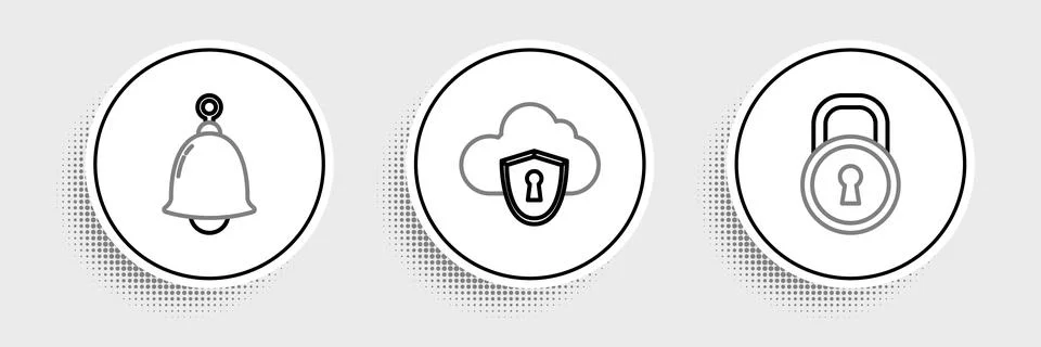 Set line Lock, Ringing bell and Cloud and shield icon. Vector Stock Illustration