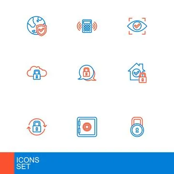 Set line Lock Safe House under protection Cloud computing lock Eye scan and S Ilustração Stock