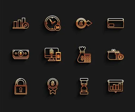Set line Lock, schedule, chart, diagram, infographic, pie graph, Old hourglas イラスト素材