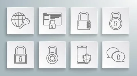 Set line Lock, Secure your site with HTTPS, SSL, Safe combination lock wheel Ilustração Stock