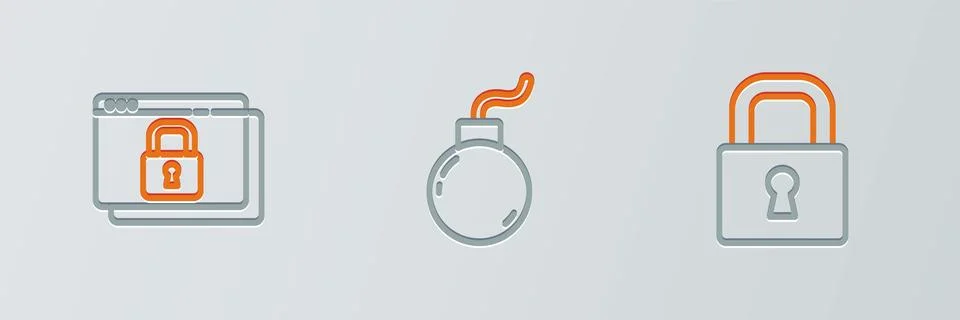 Set line Lock, Secure your site with HTTPS, SSL and Bomb ready to explode icon Stock Illustration