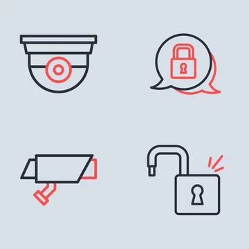 Set line Lock, Security camera, Open padlock and  icon. Vector Stock Illustration